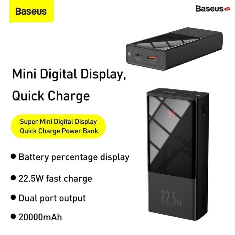 Pin sạc dự phòng sạc nhanh Baseus Super Mini Digital Display Power Bank (10000mAh/20000mAh, 22.5W, màn hình LED)