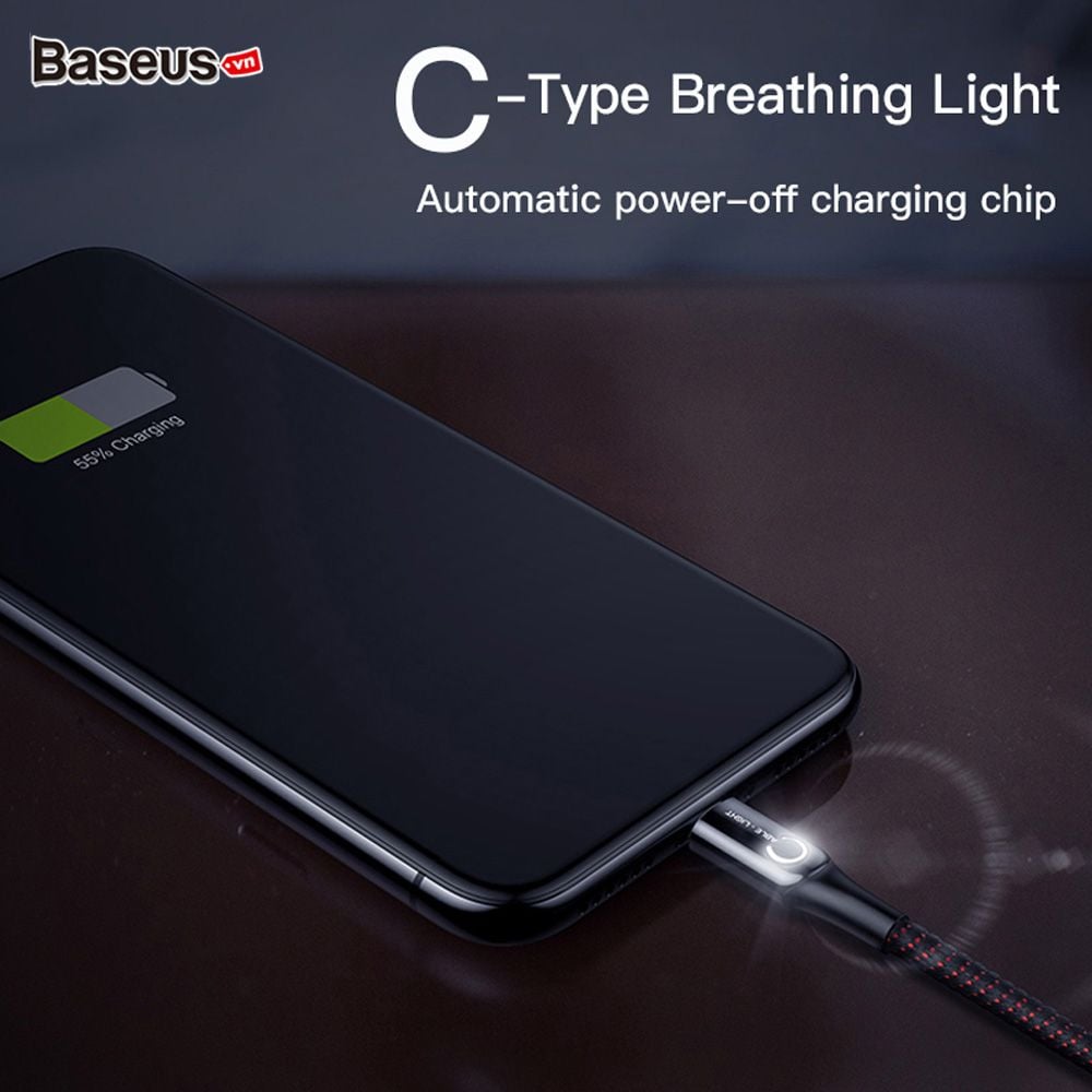 Cáp sạc Type C tự ngắt Baseus C Shape Light LV345 cho Samsung S8/S9/Note8/Note9/ Xiaomi/ Huawei/ Oppo (3A, Sạc nhanh QC 3.0, Tự ngắt khi sạc đầy, Sợi Carbon Siêu Bền, LED đổi màu thông minh)