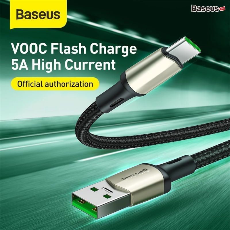 Cáp sạc nhanh, siêu bền Baseus Cafule Type C VOOC Cable cho OPPO/Samsung/Huawei/Xiaomi (5A, VOOC Officially Authorized Quick Charge, Nylon Braided + Zinc Alloy Cable)