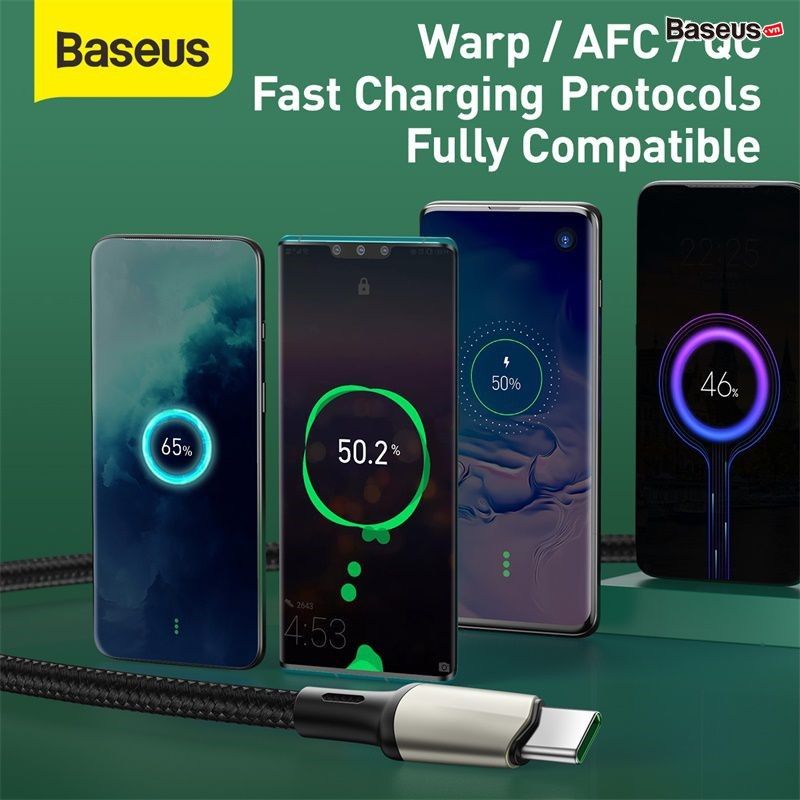 Cáp sạc nhanh, siêu bền Baseus Cafule Type C VOOC Cable cho OPPO/Samsung/Huawei/Xiaomi (5A, VOOC Officially Authorized Quick Charge, Nylon Braided + Zinc Alloy Cable)