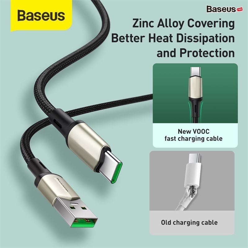 Cáp sạc nhanh, siêu bền Baseus Cafule Type C VOOC Cable cho OPPO/Samsung/Huawei/Xiaomi (5A, VOOC Officially Authorized Quick Charge, Nylon Braided + Zinc Alloy Cable)