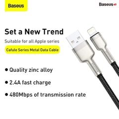 Cáp sạc nhanh, siêu bền Baseus Cafule Metal Series Lightning dùng cho iPhone/iPad (2.4A, USB A to Lightning Fast charge Cable)