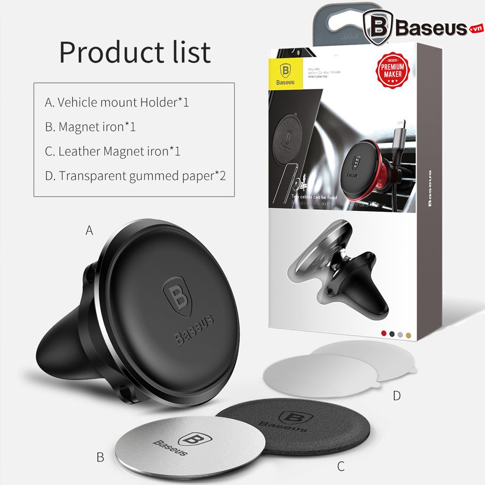 Bộ đế giữ điện thoại nam châm Baseus LV148 dùng cho xe hơi (Magnetic Air Vent Car Mount with Cable Clip Holder)