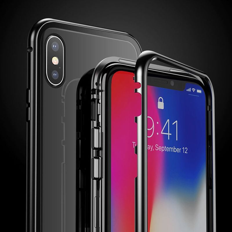 Ốp lưng nam châm Baseus Magnetic Metal Bumper Case cho iPhone X (Khung kim loại siêu bền , chống va đập - Mặt lưng kính cường lực )