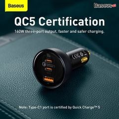 Tẩu Sạc Nhanh Công Suất Cao Baseus Multi Port Car Fast Charger 160W (USB + Dual Type C Port, Tặng Kèm Cáp C to C 100W, Quick Charge™ 5.0)