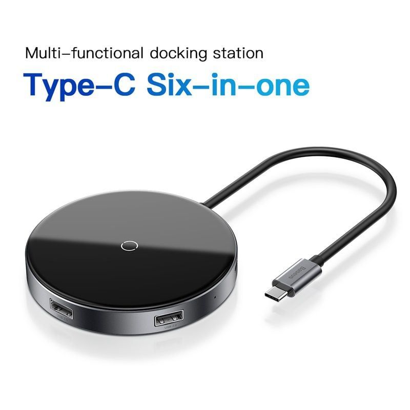 Hub chuyển Type C sang USB tích hợp sạc nhanh không dây Baseus Circular Mirror Wireless Charger 6 in 1 HUB (Type-C to USB 3.0*1+USB2.0*3/Type-C PD/4K HD)