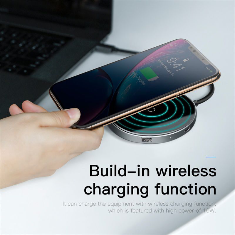 Hub chuyển Type C sang USB tích hợp sạc nhanh không dây Baseus Circular Mirror Wireless Charger 6 in 1 HUB (Type-C to USB 3.0*1+USB2.0*3/Type-C PD/4K HD)