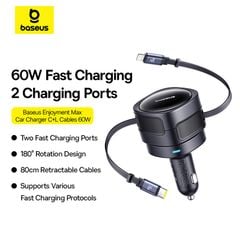Tẩu sạc đa năng Baseus Enjoyment Max 60W – Kèm cáp rút C+Lightning / C+C, xoay 180°, dây 0.8m, sạc nhanh tiện lợi
