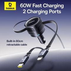 Tẩu Sạc Đa Năng Kèm Cáp Sạc Baseus Enjoyment Max 60W (With Built-in C+Lightning / C+C Retractable Cables 0.8m, 180° Rotation Design)