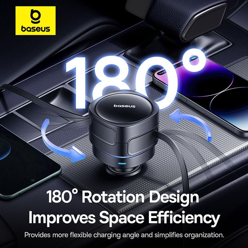 Tẩu sạc đa năng Baseus Enjoyment Max 60W – Kèm cáp rút C+Lightning / C+C, xoay 180°, dây 0.8m, sạc nhanh tiện lợi