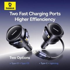 Tẩu sạc đa năng Baseus Enjoyment Max 60W – Kèm cáp rút C+Lightning / C+C, xoay 180°, dây 0.8m, sạc nhanh tiện lợi