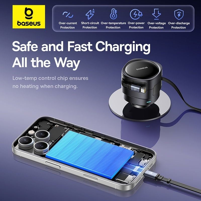 Tẩu sạc đa năng Baseus Enjoyment Max 60W – Kèm cáp rút C+Lightning / C+C, xoay 180°, dây 0.8m, sạc nhanh tiện lợi