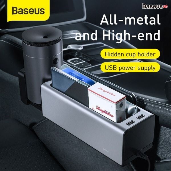 Ngăn chứa đồ tiện dụng tích hợp Dock sạc USB dùng trên xe hơi Baseus Deluxe Metal Armrest Console Organizer(2 USB charging port, Cup holder for Car)