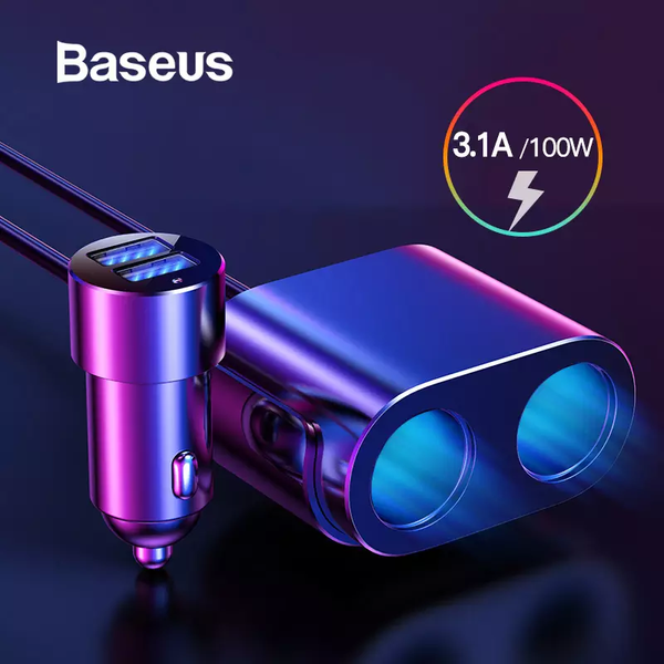 Tẩu sạc đa năng tích hợp bộ chia cổng sạc Baseus High Efficiency 1 to 2 Cigarette Lighter (Dual-Cigarette lighter 80W + Dual USB 3.1A, Smart Extended Car Charger)