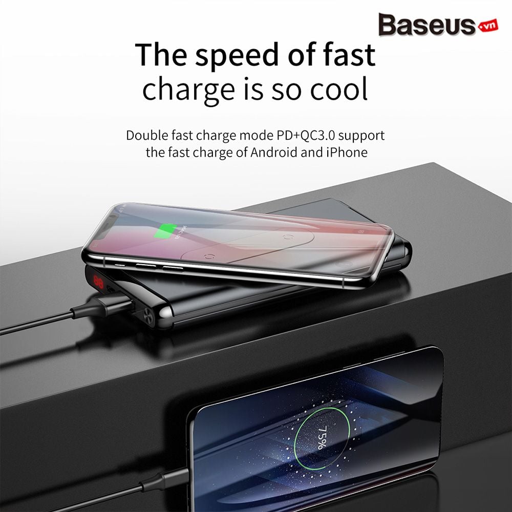 Pin sạc dự phòng không dây Baseus Dual Coil Wireless LV315 10,000mAh cho iPhoneX/ XS Max/ Samsung S9/ N9/ Xiaomi/ Huawei (LCD, Type C/PD + QC3.0 input/output 15W, Wireless charge  Power bank)