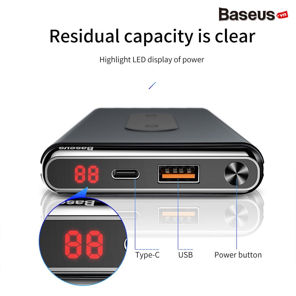 Pin sạc dự phòng không dây Baseus Dual Coil Wireless LV315 10,000mAh cho iPhoneX/ XS Max/ Samsung S9/ N9/ Xiaomi/ Huawei (LCD, Type C/PD + QC3.0 input/output 15W, Wireless charge  Power bank)