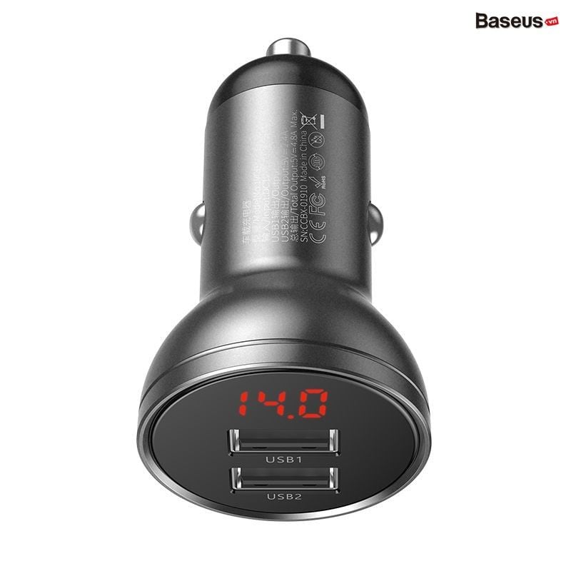 Tẩu sạc đa năng dùng cho xe ô tô Baseus Digital Display (24W, Dual USB 4.8A, Car Fast Charger)