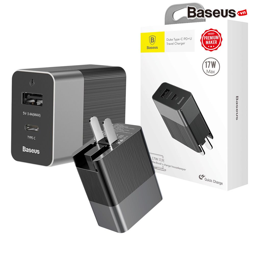 Bộ sạc nhanh đa năng Baseus Duke Universal Type C PD cho Smartphone/ Tablet/ Macbook (3.4A, 17W, 2 Ports , USB + Type C PD Travel Charger)