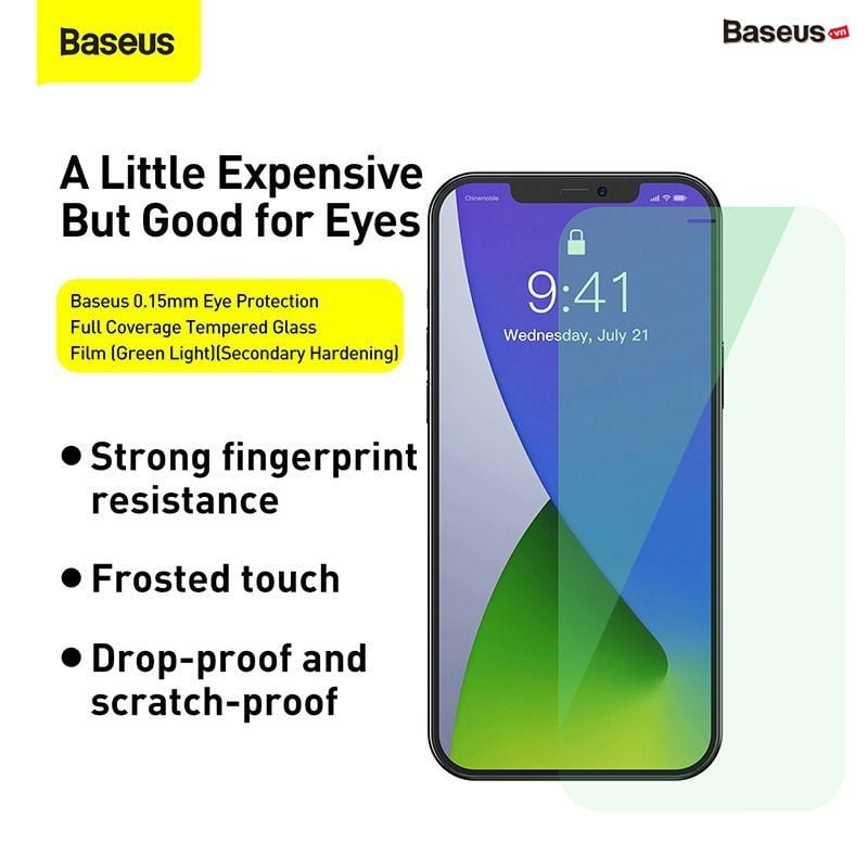 Kính cường lực chống ánh sáng xanh Baseus 0.15mm Eye Protection Full Coverage Tempered Glass Film 2020 cho iPhone 12 Series (Green Light, Secondary Hardening, 2 miếng/hộp)