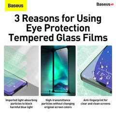 Kính cường lực chống ánh sáng xanh Baseus 0.15mm Eye Protection Full Coverage Tempered Glass Film 2020 cho iPhone 12 Series (Green Light, Secondary Hardening, 2 miếng/hộp)