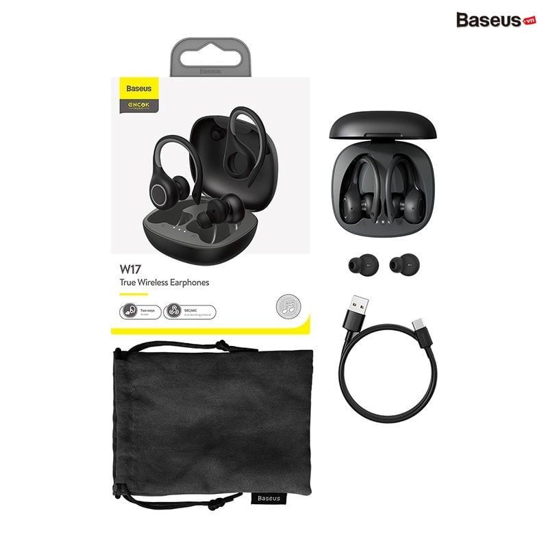 Tai nghe thể thao không dây Baseus Encok True Wireless Earphones W17 (Bluetooth 5.0, IP55 Waterproof, 5 - 30h sử dụng, Wireless Charging)