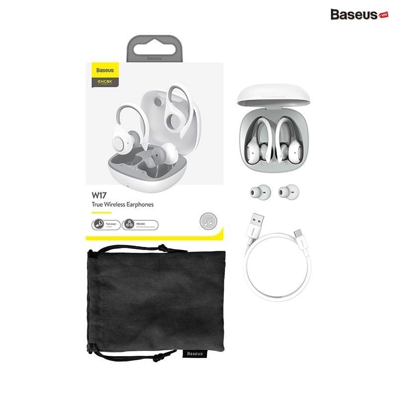 Tai nghe thể thao không dây Baseus Encok True Wireless Earphones W17 (Bluetooth 5.0, IP55 Waterproof, 5 - 30h sử dụng, Wireless Charging)