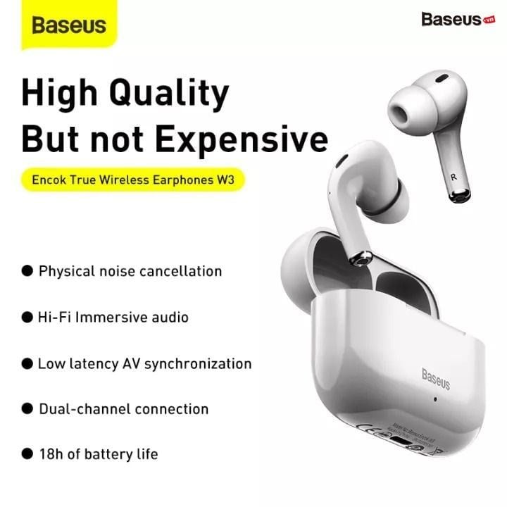 Tai nghe Bluetooth Baseus Encok W3 TWS (Bluetooth 5.0, 4h continuously listen, Noise reduction, IP55, True Wireless Earbuds)