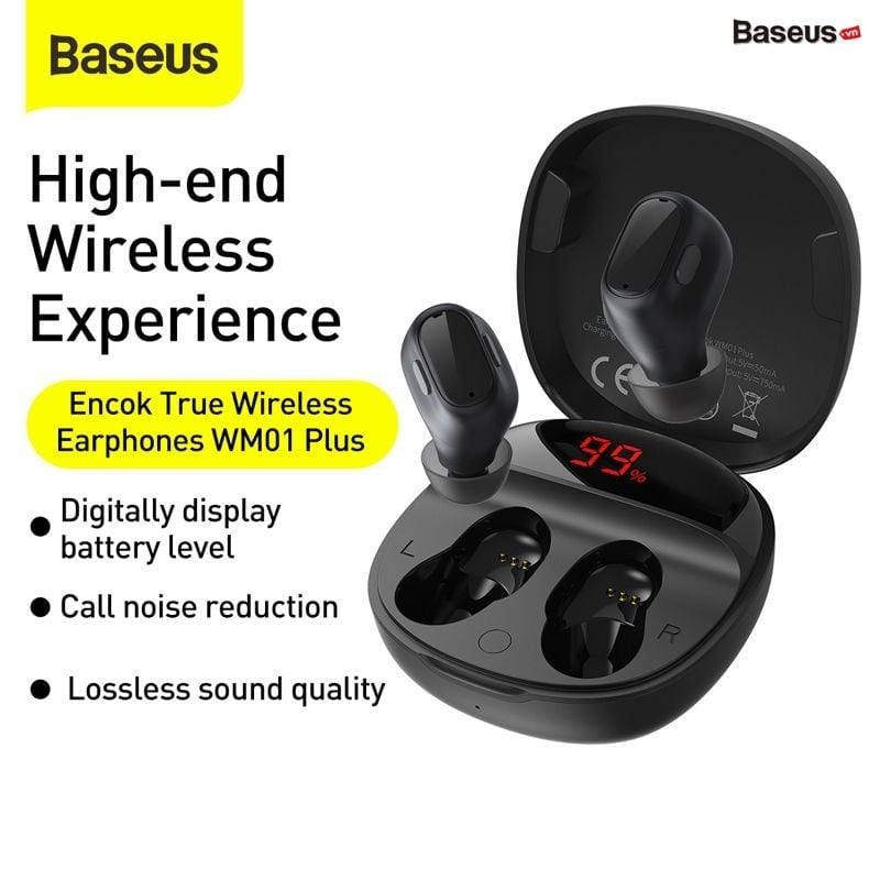 Tai nghe không dây TWS Baseus Encok True Wireless Earphones WM01 Plus (Bluetooth 5.0, Stereo Earbuds, Touch Control, Noise Cancelling)