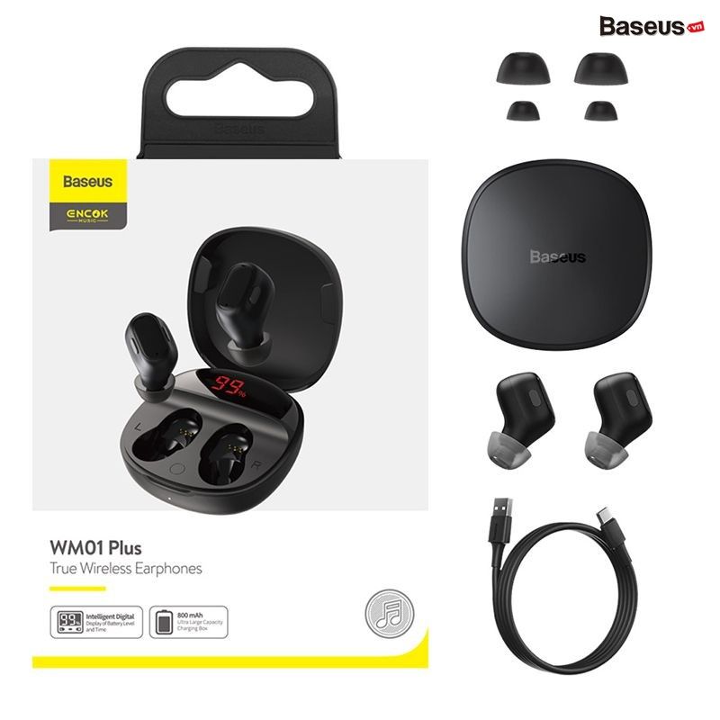 Tai nghe không dây TWS Baseus Encok True Wireless Earphones WM01 Plus (Bluetooth 5.0, Stereo Earbuds, Touch Control, Noise Cancelling)