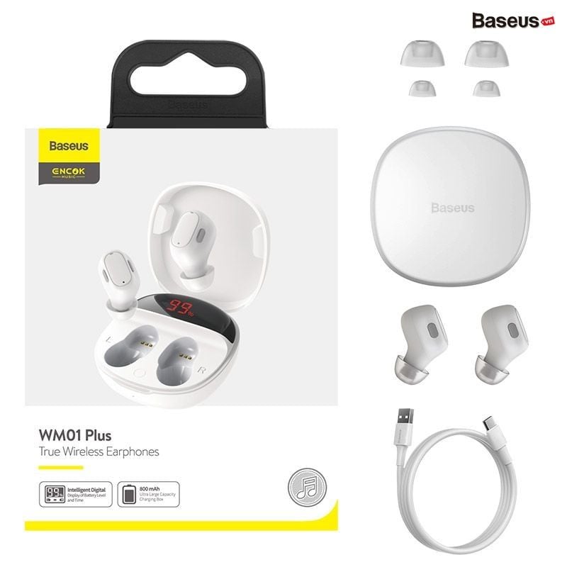 Tai nghe không dây TWS Baseus Encok True Wireless Earphones WM01 Plus (Bluetooth 5.0, Stereo Earbuds, Touch Control, Noise Cancelling)