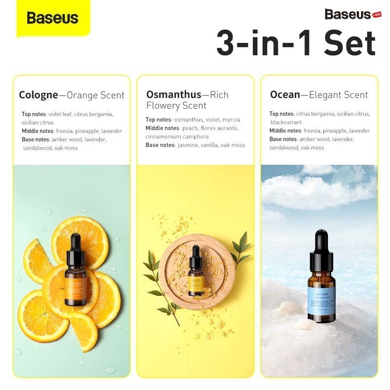 Tinh dầu tự nhiên, nguyên chất Baseus Essential Oil dùng cho máy phun sương tạo ẩm/ khử mùi (10ml/pcs , Cologne*1, Smanthus*1, Ocean*1)