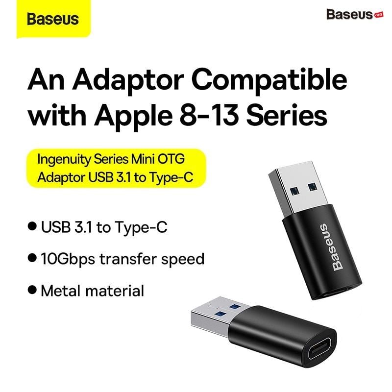 Đầu Chuyển USB Sang Type C tốc độ cao Baseus Ingenuity Series Mini OTG Gen2 (USB-A 3.1 Full Size to Type C, 10Gbps High speed OTG, PD Fast charge Support)