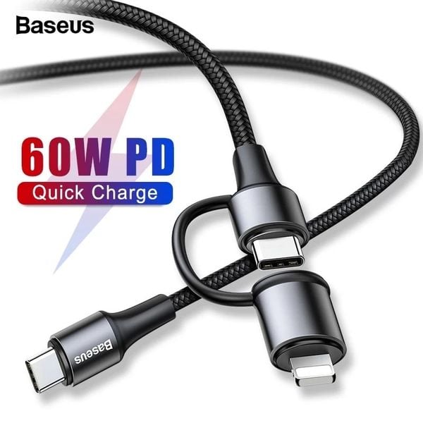 Cáp sạc nhanh 2 đầu tích hợp Baseus Twins 2 in 1 dùng cho Android/ iPhone/ iPad/ Macbook (Type C to Type-C/ Lightning, 60W PD/ QC3.0 Quick Charge & Sync Data Cable)