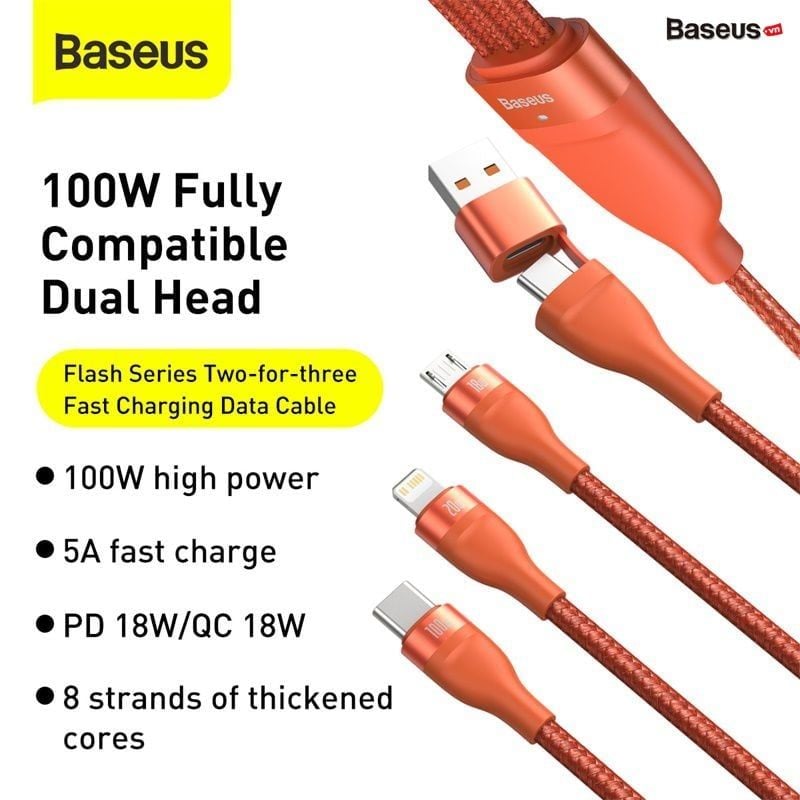 Cáp sạc nhanh 3 đầu Baseus Flash Series 3 in1 Plus (USB + Type C to Micro + Lightning + Type C, 100W Quick Charge and Data Cable)