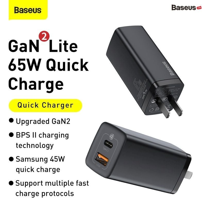 Cốc sạc siêu nhanh, nhỏ gọn Baseus GaN2 Lite Quick Charger 65W (Type C+ USB Port, PD3.0/PPS/QC4.0/SCP/FCP Multi Quick Charge Protocol, GaN2 Technology)