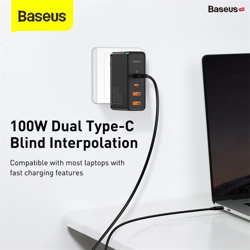 Bộ sạc nhanh Baseus GaN2 Pro Quick Charger 4 Ports (100W, Type C*2 & USB*2, PD/QC3.0/QC4+/PPS/SCP/FCP/AFC/Apple 2.4/BC1.2, Multi Quick charge protocol support)