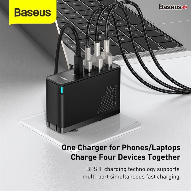 Bộ sạc nhanh Baseus GaN2 Pro Quick Charger 4 Ports (100W, Type C*2 & USB*2, PD/QC3.0/QC4+/PPS/SCP/FCP/AFC/Apple 2.4/BC1.2, Multi Quick charge protocol support)