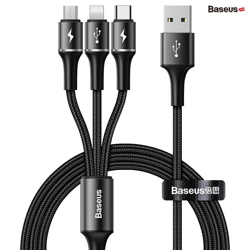 Cáp sạc vải dù siêu bền 3 đầu Baseus Halo Data 3 in 1 (USB to Type C/Lightning/Micro, 3.5A Fast Charging & Sync Data Cable)