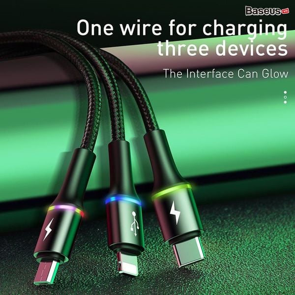 Cáp sạc vải dù siêu bền 3 đầu Baseus Halo Data 3 in 1 (USB to Type C/Lightning/Micro, 3.5A Fast Charging & Sync Data Cable)