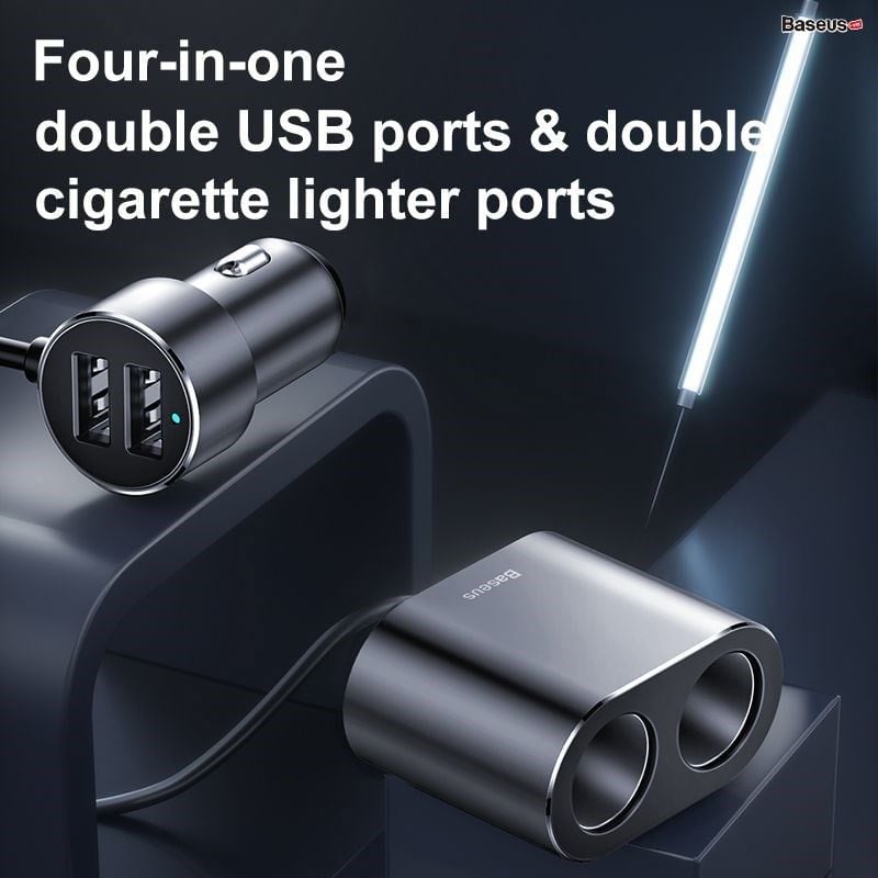 Tẩu sạc đa năng tích hợp bộ chia cổng sạc Baseus High Efficiency 1 to 2 Cigarette Lighter (Dual-Cigarette lighter 80W + Dual USB 3.1A, Smart Extended Car Charger)