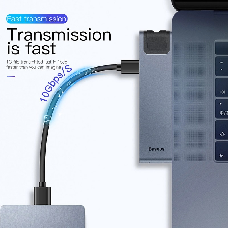 Hub chuyển Baseus Thunderbolt C Pro 7 in 1 Smart Hub cho Macbook Pro 2016/ 2017/ 2018 (Type C to C PD, 2x USB 3.0, HDMI 4K - 60Hz, SD/Micro SD Card Reader, LAN RJ-45 Expansion Smart Dock)