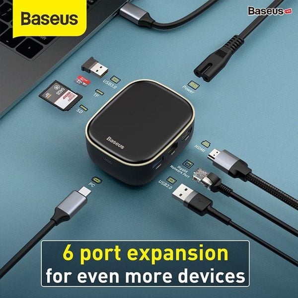 Bộ Hub mở rộng 7 in 1 tích hợp sạc 60W Baseus Type-C HUB Adapter AC Multifunctional Charger (USB 3.0*2 + HDMI + SD/TF + RJ45, 60W, 5Gbps)