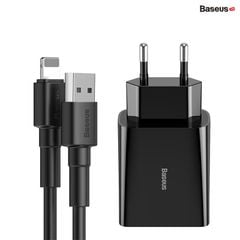 Combo cốc sạc và cáp sạc Baseus Speed Mini Dual U Travel Charger 10.5W Black Charging Sets (With Mini White Cable USB For iP 2.4A 1m)