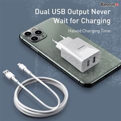 Combo cốc sạc và cáp sạc Baseus Speed Mini Dual U Travel Charger 10.5W Black Charging Sets (With Mini White Cable USB For iP 2.4A 1m)