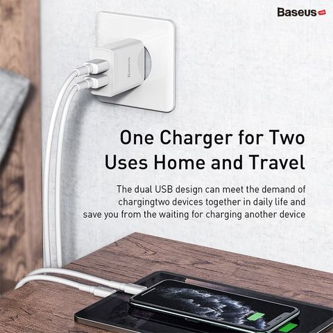 Combo cốc sạc và cáp sạc Baseus Speed Mini Dual U Travel Charger 10.5W Black Charging Sets (With Mini White Cable USB For iP 2.4A 1m)