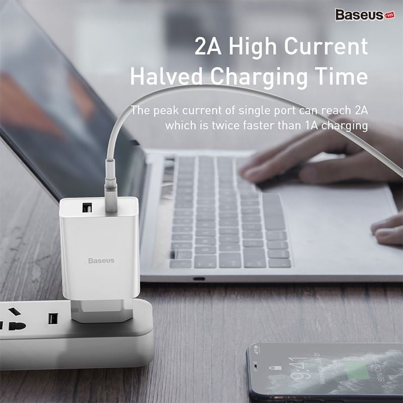 Combo cốc sạc và cáp sạc Baseus Speed Mini Dual U Travel Charger 10.5W Black Charging Sets (With Mini White Cable USB For iP 2.4A 1m)