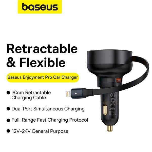 Tẩu Sạc Nhanh Kèm Cáp Dây Rút Baseus Enjoyment Pro Car Charger U+Retractable