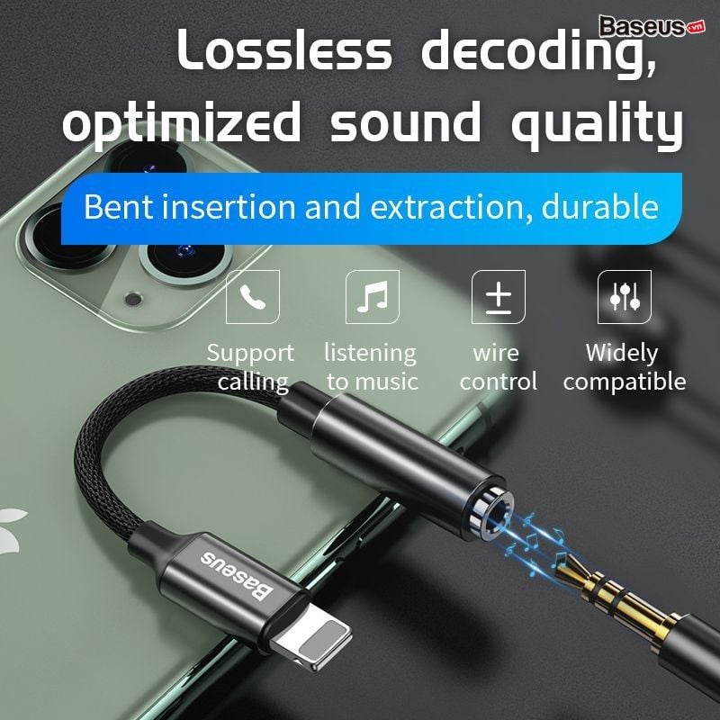 Đầu chuyển Lightning sang Audio AUX 3.5mm Baseus LV694 cho iPhone X/iPhone 11 Series/ iPad (iP Male to 3.5mm Female Adapter  support Music / Call)