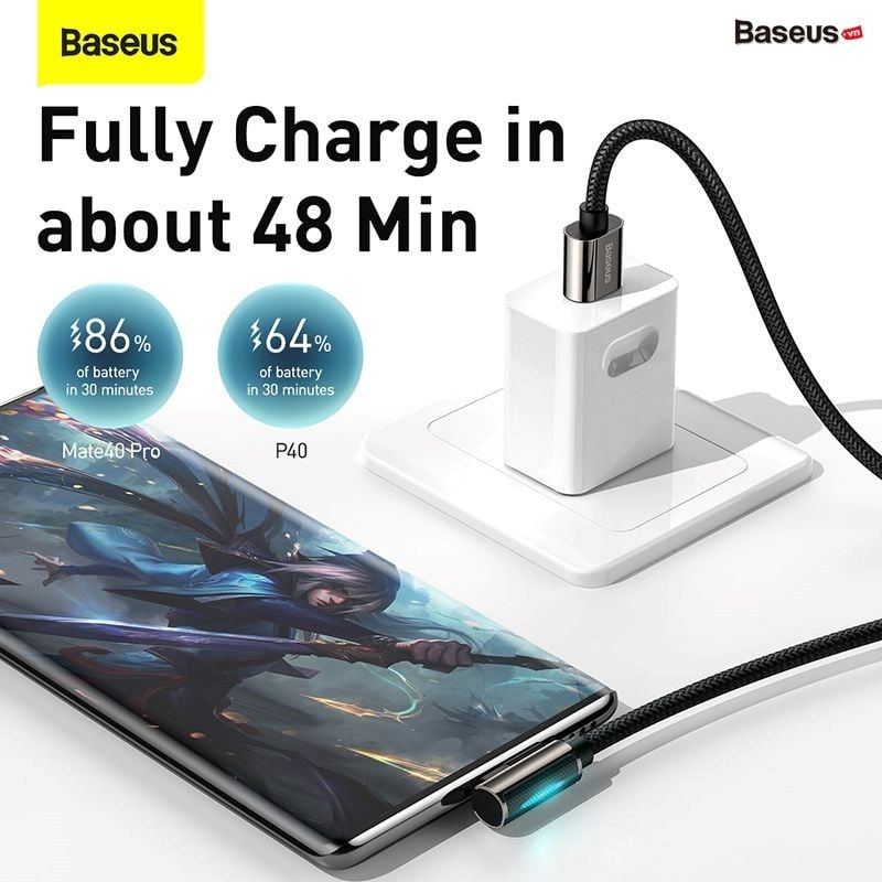 Cáp sạc nhanh, vải dù siêu bền, đầu gập 90 độ Baseus Legend Series Elbow Type C 66W (LED/Elbow Design, USB to Type C Fast Charging Cable)