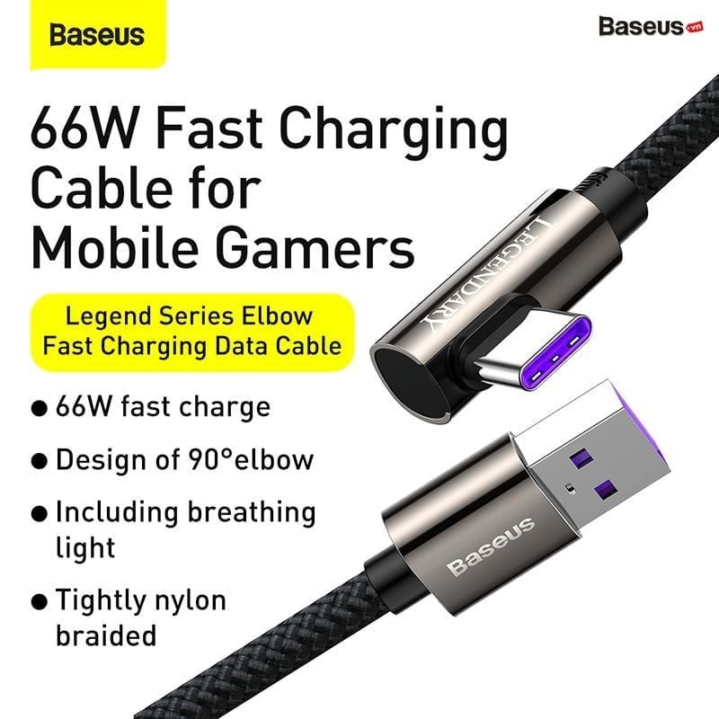 Cáp sạc nhanh, vải dù siêu bền, đầu gập 90 độ Baseus Legend Series Elbow Type C 66W (LED/Elbow Design, USB to Type C Fast Charging Cable)